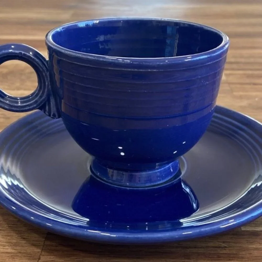 Fiestaware Vintage Mid Century Modern Dinnerware Cup Saucer Set Cobalt Blue